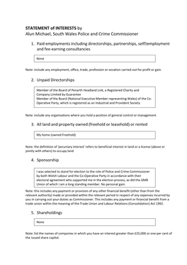 STATEMENT of INTERESTS by Alun Michael, South Wales Police and Crime Commissioner