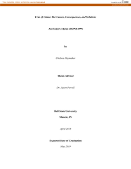 Fear of Crime: the Causes, Consequences, and Solutions an Honors Thesis