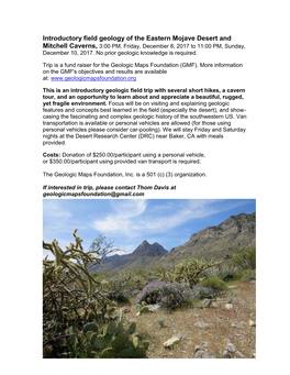 Introductory Field Geology of the Eastern Mojave Desert and Mitchell Caverns, 3:00 PM, Friday, December 8, 2017 to 11:00 PM, Sunday, December 10, 2017