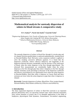 Mathematical Analysis for Unsteady Dispersion of Solutes in Blood Stream-A Comparative Study