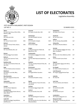 LIST of ELECTORATES Legislative Assembly