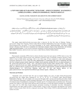 A New Record of Parasitic Nematode Aphelenchoides Macrospica (Aphelenchida: Aphelenchoididae) from Pakistan