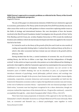 Edith Penrose's Approach to Economic Problems As Reflected in the Theory of the Growth of the Firm: a Humanistic Perspective Angela M