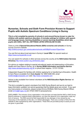 Nurseries, Schools and Sixth Form Provision Known to Support Pupils with Autistic Spectrum Conditions Living in Surrey