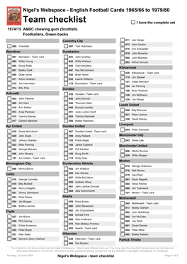 Team Checklist I Have the Complete Set 1974/75 A&BC Chewing Gum (Scottish) Footballers, Green Backs