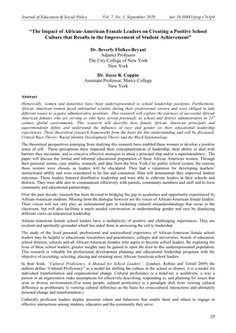 “The Impact of African-American Female Leaders on Creating a Positive School Culture That Results in the Improvement of Student Achievement”