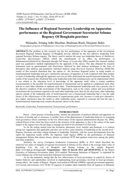 The Influence of Regional Secretary Leadership on Apparatus Performance at the Regional Government Secretariat Seluma Regency of Bengkulu Province