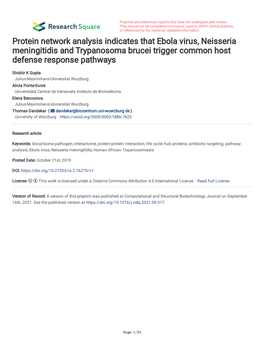 Protein Network Analysis Indicates That Ebola Virus, Neisseria Meningitidis and Trypanosoma Brucei Trigger Common Host Defense Response Pathways