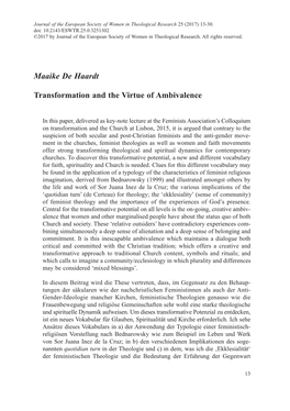 Maaike De Haardt Transformation and the Virtue of Ambivalence