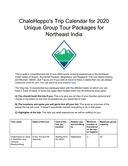 Chalohoppo's Trip Calendar for 2020 Unique Group Tour Packages for Northeast India