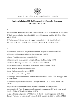 Indice Alfabetico Delle Deliberazioni Del Consiglio Comunale Dall'anno 1955 Al 1963