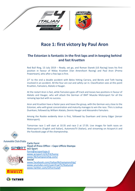 Press Release Italian F4 Red Bull Ring