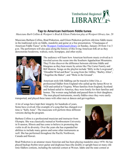 Tap to American Heirloom Fiddle Tunes Musicians Barb Collins & Westport’S Brad & Eileen Pinkerton Play at Westport Library Jan