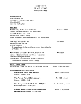 Jessica Tidswell PT, DPT, ATC, LAT Curriculum Vitae