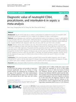 Diagnostic Value of Neutrophil CD64, Procalcitonin, and Interleukin-6 in Sepsis: a Meta-Analysis Shan Cong, Tiangang Ma, Xin Di, Chang Tian, Min Zhao and Ke Wang*