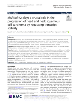 MAPKAPK2 Plays a Crucial Role in the Progression of Head and Neck Squamous Cell Carcinoma by Regulating Transcript Stability