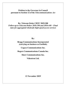 Telecom Order CRTC 2019-288 Follow-Up to Telecom Orders 2016-396 and 2016-448 – Final Rates for Aggregated Wholesale High-Speed Access Services