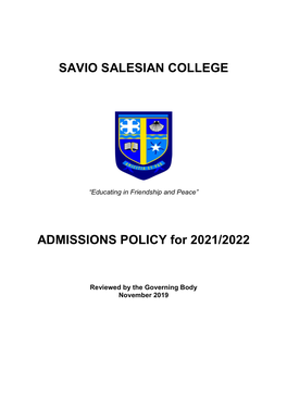 SAVIO SALESIAN COLLEGE ADMISSIONS POLICY for 2021/2022