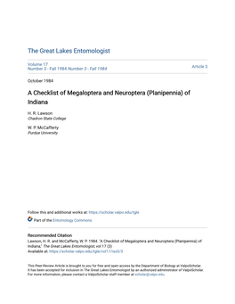 A Checklist of Megaloptera and Neuroptera (Planipennia) of Indiana