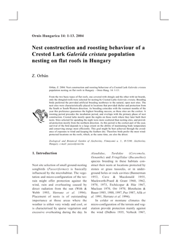 Nest Construction and Roosting Behaviour of a Crested Lark Galerida Cristata Population Nesting on Flat Roofs in Hungary