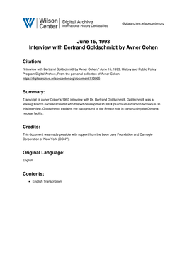 June 15, 1993 Interview with Bertrand Goldschmidt by Avner Cohen