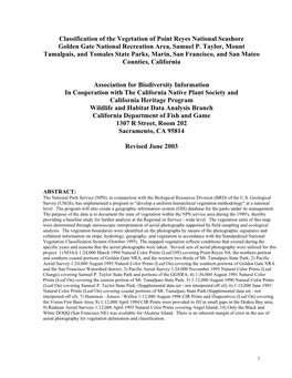 Classification of the Vegetation of Point Reyes National Seashore Golden Gate National Recreation Area, Samuel P