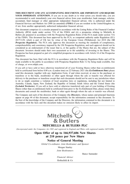 MITCHELLS & BUTLERS PLC Open Offer of up to 166,937,606 New Shares at 210 Pence Per New Share Notice of General Meeting