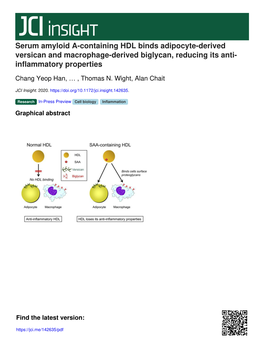 Serum Amyloid A-Containing HDL Binds Adipocyte-Derived Versican and Macrophage-Derived Biglycan, Reducing Its Anti- Inflammatory Properties