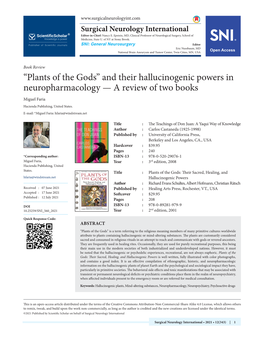 “Plants of the Gods” and Their Hallucinogenic Powers in Neuropharmacology — a Review of Two Books Miguel Faria Hacienda Publishing, United States