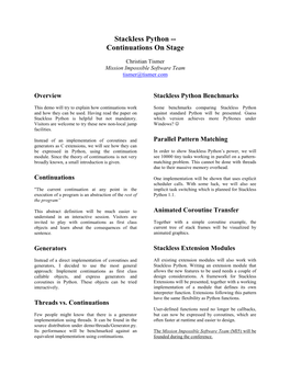 Stackless Python -- Continuations on Stage