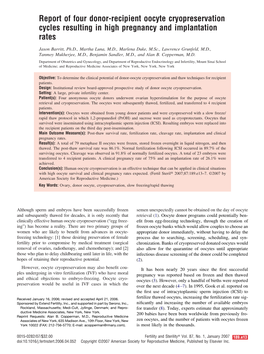 Report of Four Donor-Recipient Oocyte Cryopreservation Cycles Resulting in High Pregnancy and Implantation Rates