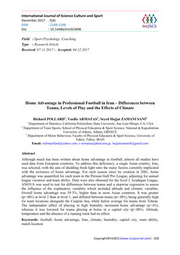 Home Advantage in Professional Football in Iran – Differences Between Teams, Levels of Play and the Effects of Climate