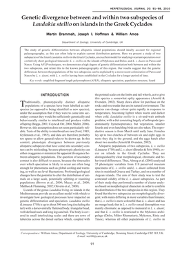 Genetic Divergence Between and Within Two Subspecies of Laudakia Stellio on Islands in the Greek Cyclades