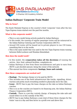 Indian Railways' Corporate Train Model