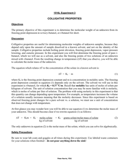 COLLIGATIVE PROPERTIES the Primary Objective of This Experiment