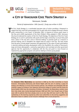 CITY of VANCOUVER CIVIC YOUTH STRATEGY » Vancouver, Canada Period of Implementation: 1995 (Launch) | Study Case Written in 2010