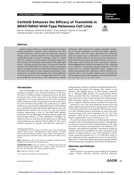 Ceritinib Enhances the Efficacy of Trametinib in BRAF/NRAS-Wild