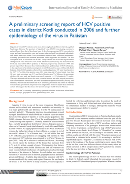 A Preliminary Screening Report of HCV Positive Cases in District Kotli Conducted in 2006 and Further Epidemiology of the Virus in Pakistan