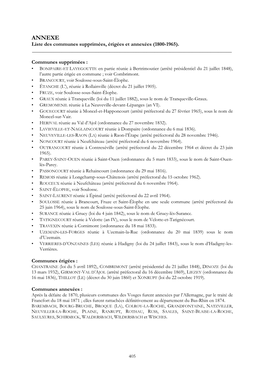 ANNEXE Liste Des Communes Supprimées, Érigées Et Annexées (1800-1965)