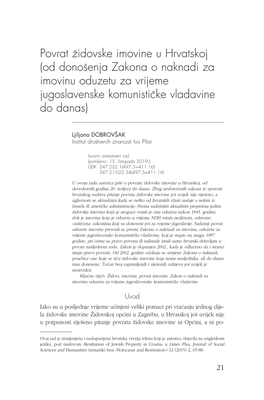 Povrat Êidovske Imovine U Hrvatskoj (Od Donoπenja Zakona O Naknadi