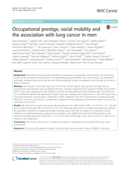 Occupational Prestige, Social Mobility and the Association with Lung Cancer in Men Thomas Behrens1*, Isabelle Groß1, Jack Siemiatycki2, David I