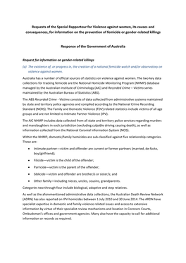 Requests of the Special Rapporteur for Violence Against Women, Its Causes and Consequences, for Information on the Prevention of Femicide Or Gender-Related Killings