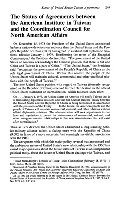 The Status of Agreements Between the American Institute in Taiwan and the Coordination Council for North American Affairs