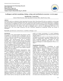 Leafhoppers and Their Morphology, Biology, Ecology and Contribution in Ecosystem: a Review Paper