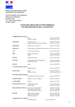 Liste Des Monuments Historiques Du Departement De La Mayenne