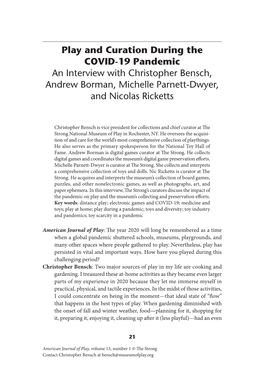 Play and Curation During the COVID-19 Pandemic an Interview with Christopher Bensch, Andrew Borman, Michelle Parnett-Dwyer, and Nicolas Ricketts