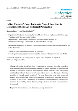 Italian Chemists' Contributions to Named Reactions In