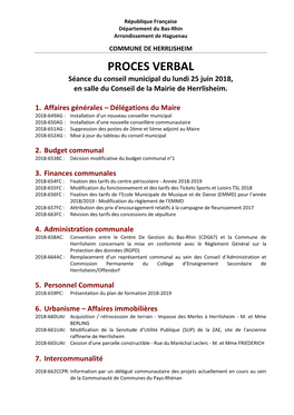 PROCES VERBAL Séance Du Conseil Municipal Du Lundi 25 Juin 2018, En Salle Du Conseil De La Mairie De Herrlisheim