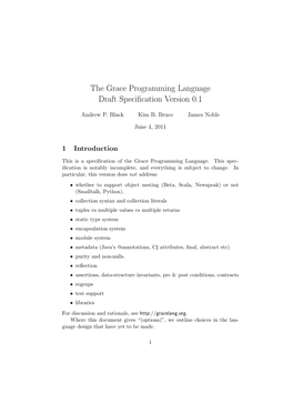 The Grace Programming Language Draft Specification Version