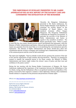 The Ombudsman of Hungary Presented to Mr. Karen Andreasyan His Ad-Hoc Report on the Safarov Case and Condemned the Extradition of the Murderer